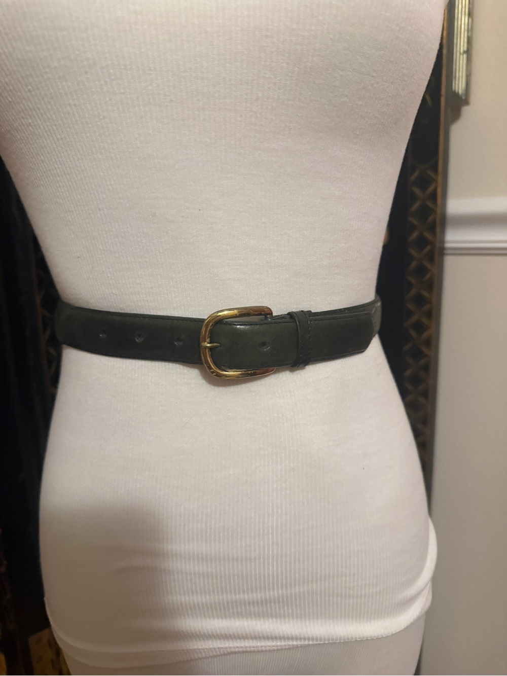 Vintage Dark Green Leather Belt with Gold Buckle